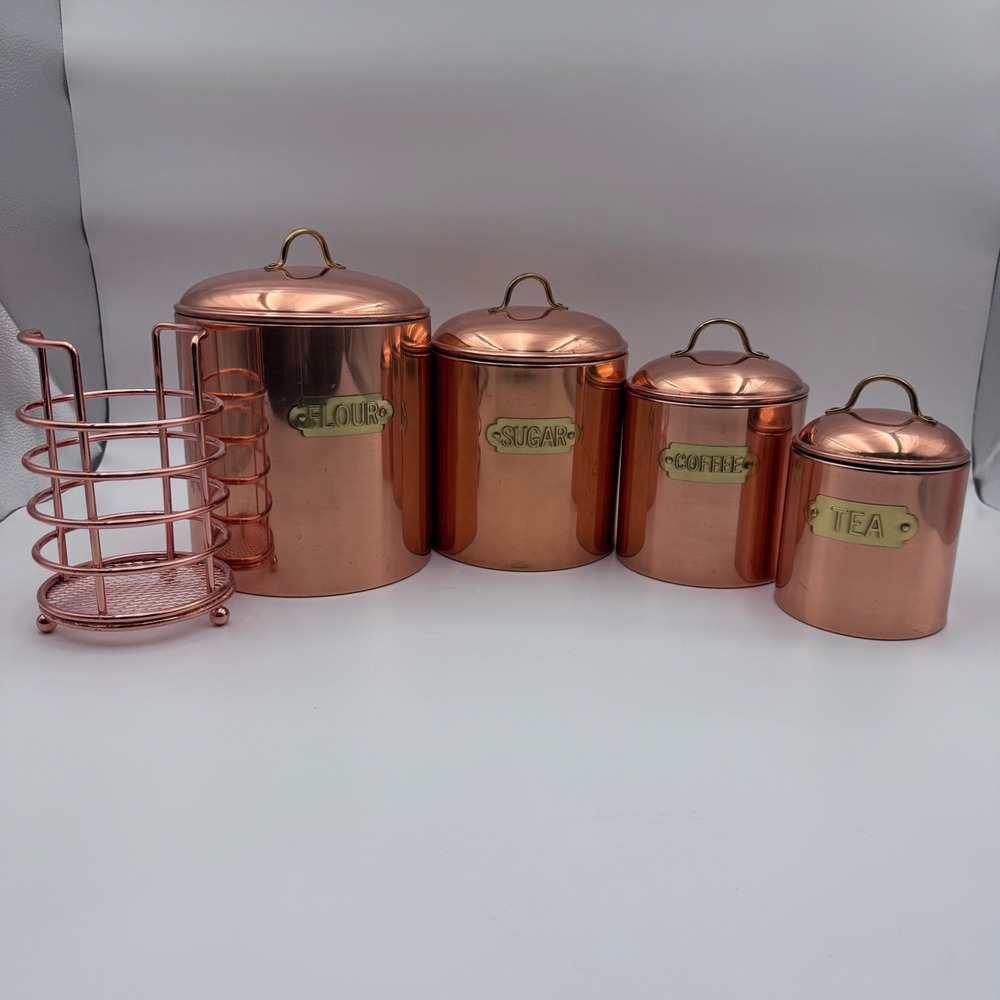 Vintage Copper Kitchen Canister Set 4 Piece with Brass Labels & Utensil Holder